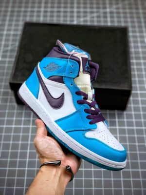 AJ Jordan 1 Mid 'Hornets' Blue Lagoon/Grand Purple/White 554724-415