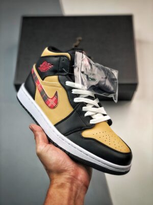 AJ Jordan 1 Mid Tartan Swoosh Tan/Black-Red DZ5329-001